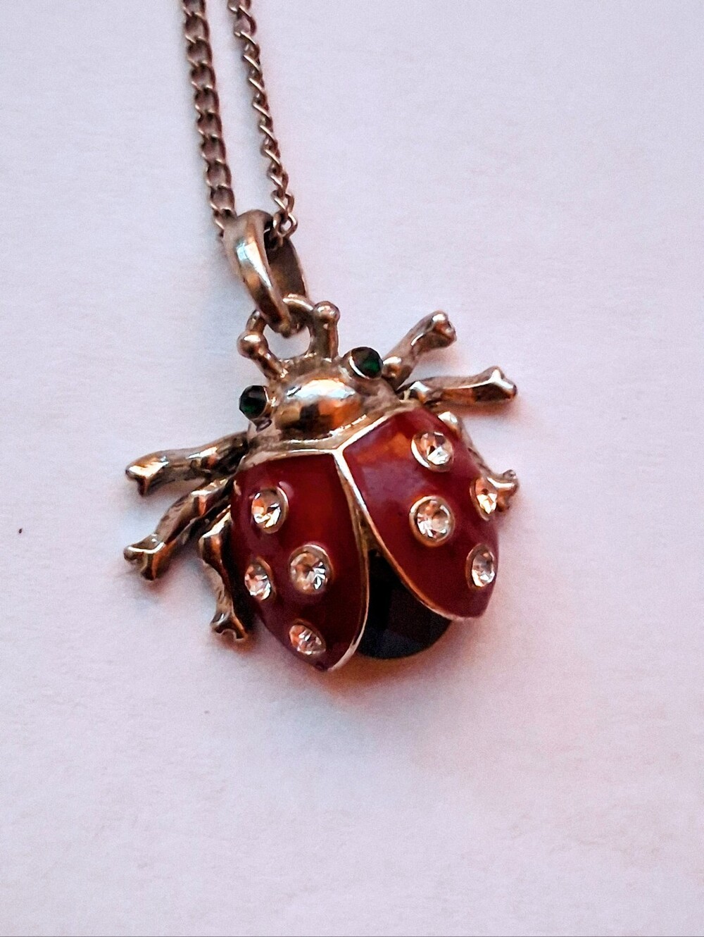 Gold Tone Red Enamel Ladybug Rhinestone Pendant Necklace 18”